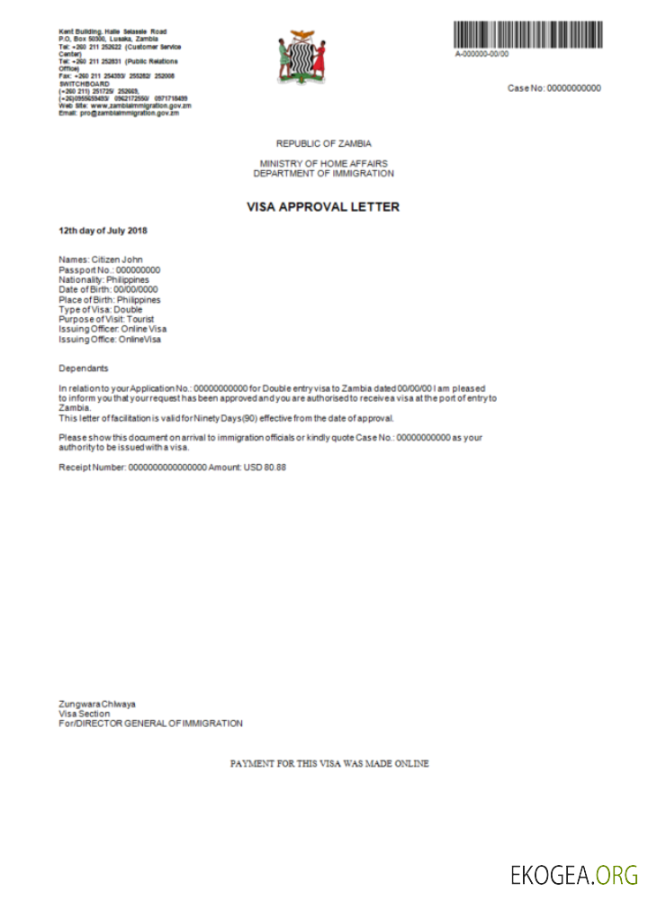 Visa électronique pour la Zambie en modèle Word et PDF